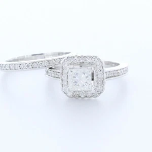 1 3/4 kt D SI1 Princess Earth abgebauter zertifizierter Diamanten 14 k Halo Ehering Set - Bild 1 von 7