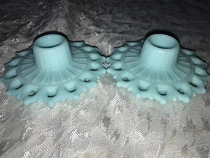 2/Pair FOSTORIA Turquoise AQUA Blue MILK GLASS Lace RANDOLPH 3D 4" CANDLE HOLDER - Picture 1 of 16