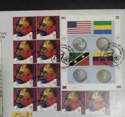 Nações Unidas Mahatma Gandhi 10 selos + moedas e bandeira série MS usado na capa - Imagem 1 de 3