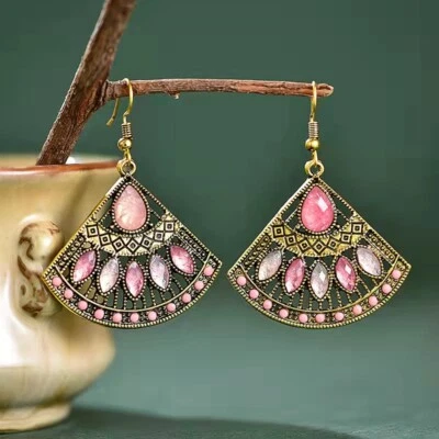 Gorgeous Women Ancient Gold Bohemian Earrings Hollow Color Fan Style Tassel 1505 - Image 1 of 4
