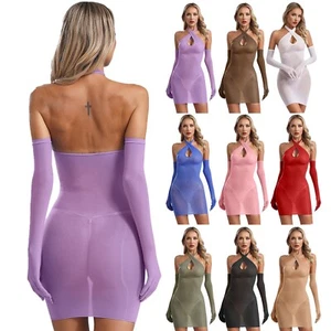 Damen Kleid mit Handschuh durchsichtig Minikleid Nylon Nachthemd ärmellos öl - Bild 1 von 31