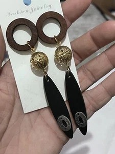 Pendientes largos de madera negros cuentas aleación de hierro borla aro bisutería - Imagen 1 de 3
