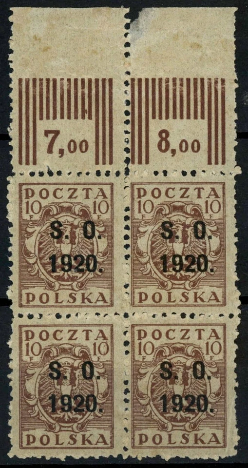 East Silesia 1920 SG#58, 10pf Chocolate Optd 9.5mm High MNH Block #F3623 - Image 1 of 1