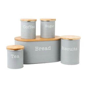5pc Essential Tea, Coffee, Sugar, Biscuit & Bread Canisters- choice of 3 colours - Picture 1 of 12