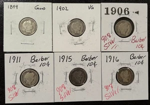 Lot von sechs (6) Barber Dimes 90% Silber 10c zirkuliert verschiedene Daten (#1034) - Bild 1 von 2