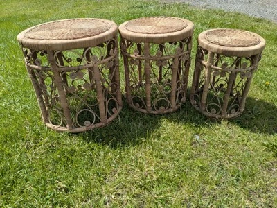 Three Vintage Wicker Rattan Nesting Tables Mid Century Hollywood Regency Boho - Image 1 of 4