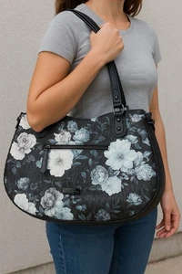 Jessica Simpson Black Floral Shoulder Bag – Large Tote Handbag with Front Zip - Picture 1 of 4