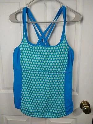 Lands End Woman 18 Tankini Swim top Aqua Green Polka Dot Spaghetti Double Cross - Image 1 of 4