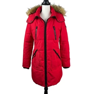 Guess Women's Puffer Jacket Size Medium Red Black Faux Fur Full Zip Winter Coat - Picture 1 of 17