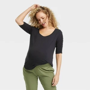 The Nines by HATCH Elbow Sleeve Scoop Neck Shirred Maternity T-Shirt Black S - Picture 1 of 1