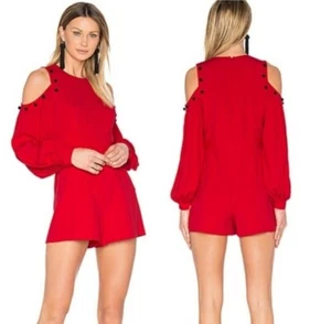 Alexis Romper Shorts Red Asher Cold Shoulder Black Buttons Balloon Sleeve Size S - Picture 1 of 9