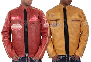 Chaqueta de cuero retro para motociclista AVIATRIX JLI Mode para hombre - 8 bolsillos, insignias de carreras - Imagen 1 de 11