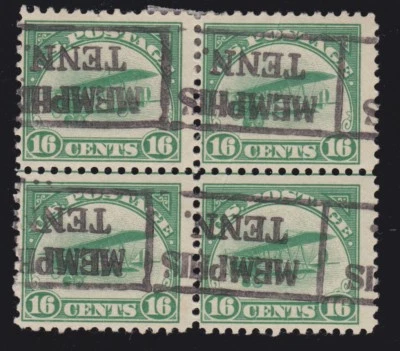 US C2 16c Air Mail Used Block of 4 w FULL OG / Memphis, Tenn. Roller Pre-Cancel? - Image 1 of 2