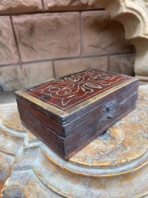 1890 Antique Old Rare Wooden Hand Carved Brass Work Perfume Bottle Box - Image 1 of 4