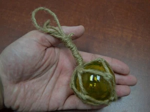 REPRODUCTION YELLOW GLASS FLOAT BALL BUOY WITH FISHING NET 2" #F-369 - Picture 1 of 1