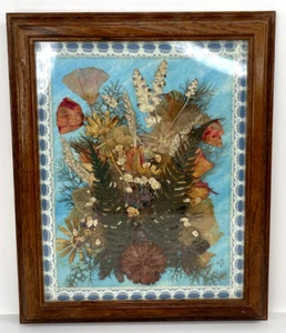 Vintage Wood Framed Genuine Pressed Flowers Plants Bouquet Blue Background 1989 - Picture 1 of 4