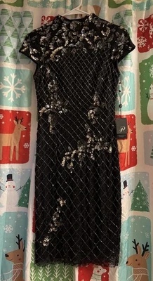 Vestido para mujer Adrianna Papell negro con cuentas talla 4 nuevo con etiquetas Foto 1 de 2