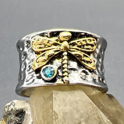 Anillo Libélula Oro Duradero Azul Estrás Placa Plata Talla 6.5 Foto 1 de 4