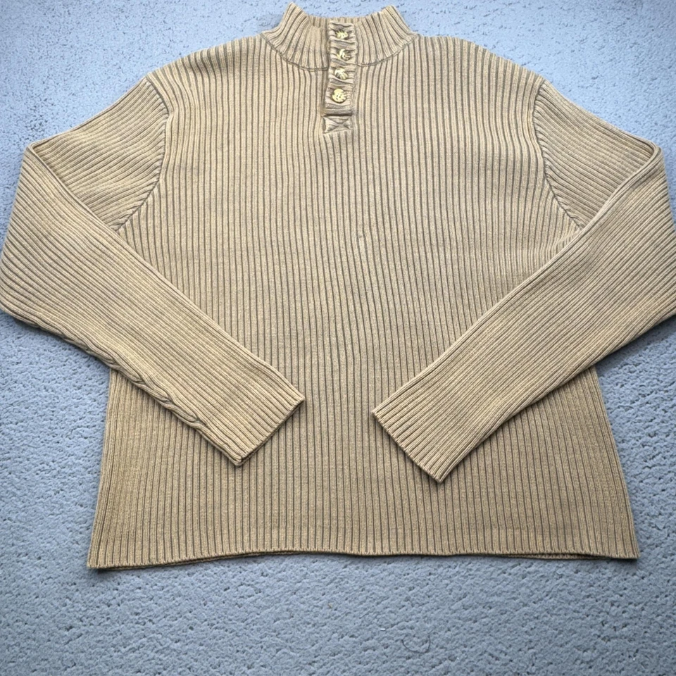 Gramicci Sweater Mens Large Tan Beige Ribbed Mock Neck Henley Pullover Cotton - Image 1 of 4