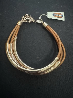 "Brazalete de barra Boho Western de cuero marrón fósil multi cordón tono oro rosa 7-8""" Foto 1 de 3