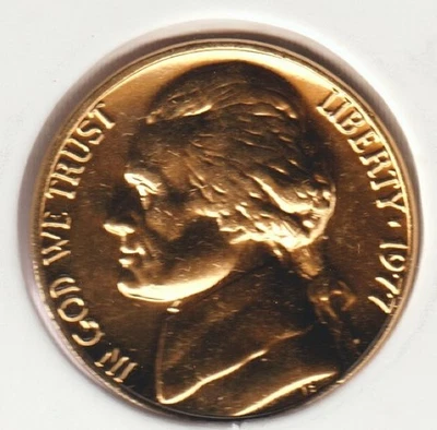 Placa de ouro 24K rara antiga EUA 1977 Jefferson níquel coleção moeda não circulada BU - Imagem 1 de 2