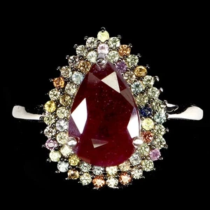 925 Sterling Silver Ring Pear Ruby 12x8mm Sapphire Diamond Cut Gemstone Size 9 - Picture 1 of 14