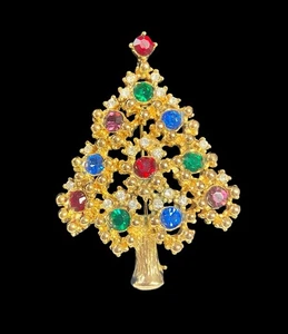 Vintage EISENBERG ICE “GOLD TONE RHINESTONE CHRISTMAS TREE” BROOCH-Multi Color - Picture 1 of 5