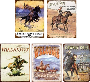 Retro Home Decor Wall Art Posters Vintage Western Cowboy Tin Sign Garage Home Wa - Picture 1 of 6