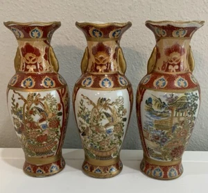 Antiguo jarrón asiático pintado a mano Satsuma miniatura de arcilla numerado florales pájaros lote - Imagen 1 de 9