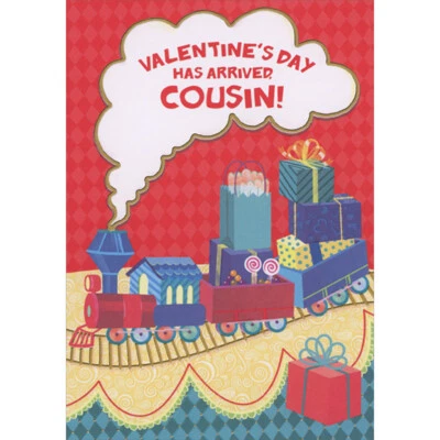 红色和蓝色玩具火车携带礼物青少年情人节卡片表兄弟 — 第 1/2 张图片