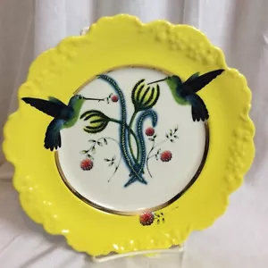 Anthropologie Lou Rota Nature Table Hummingbirds 9" Dessert Salad Plate Yellow - Picture 1 of 6