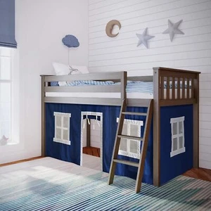 Kids' Low Loft Bed Frame with Slide and Curtains for Bottom, Fun & Functional - Picture 1 of 17