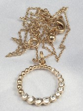 Vintage Rhinestone Circle Pendant Necklace Gold Tone Chain