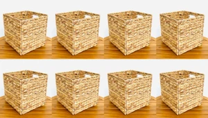 Pack 8 Woven Hyacinth Cube Storage Bin Basket Organizer with Handles TAN - Picture 1 of 8