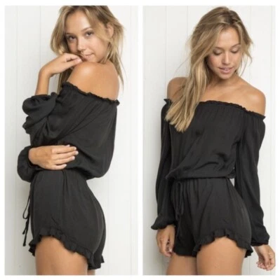 Brandy Melville Gabriella Off The Shoulder Romper Sz One Size Black Long Sleeve - Imagem 1 de 4