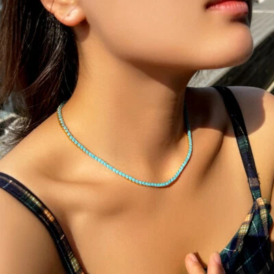 Yellow Gold Plated 3mm Round Turquoises Tennis Chain Choker Necklace for Women - Image 1 of 4