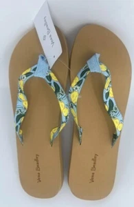 Vera Bradley 7-8 Flip Flops Lemon Grove Medium Webbing Strap Shoes Yellow Blue - Picture 1 of 5