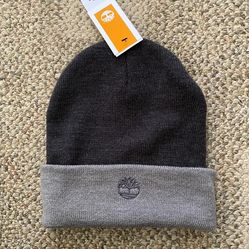 Mens Timberland Winter Knit Beanie Hat Dark and Light Gray One Size T101357C