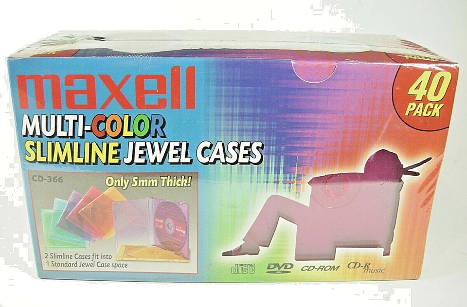 NEW Maxell Multi Color Slimline Jewel Cases 5mm For CD & DVD 40 Pack Sealed NOS - Image 1 of 2