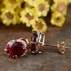 Simulated Red Garnet Oval Cut Women's Halo Stud Earring 14K Yellow Gold Plated