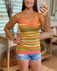 Sexy Striped Low Cut Cleavage Retro Lace Summer Tank Cami Top Tunic Peach S/M/L - Picture 1 of 6