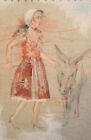 Vintage theatre costumes design gouache/pencil painting woman donkey