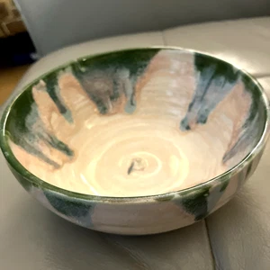 Ciotola caramelle/cereali ceramica artistica firmata JLC smalto a goccia verde rosa pallido - Foto 1 di 6