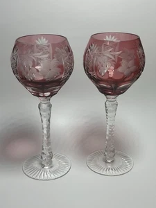 Nachtmann Traube Cranberry Cut To Clear Crystal Wine Glasses (2) Bohemian 8” - Picture 1 of 24