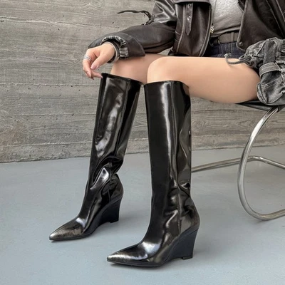 Womens Pointed Toe Knee High Boots Riding Knight High Wedge Heels Fashion Ladies - Image 1 of 4