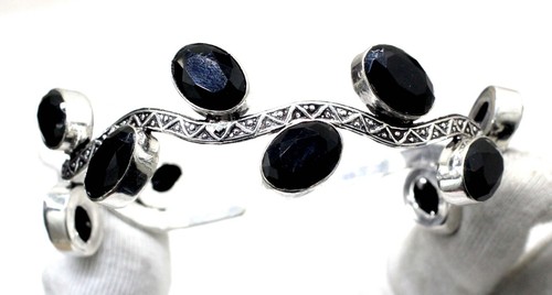 VALENTINO 925 Sterling Silver Black Spinel Gemstone Handmade Jewelry Cuff Bracelet S ADJ