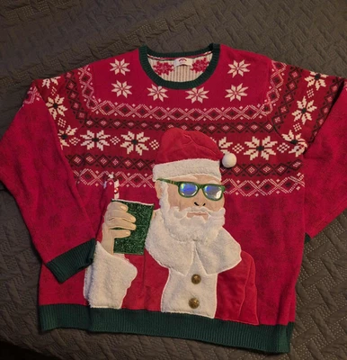 Suéter tejido Holiday Time para hombre 2XL Santa Cheers soporte para bebidas gafas de sol feo Foto 1 de 4