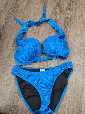 VENUS Shine Marilyn Push-Up Halter Top Bright Blue Glittery Bikini Set 32D - 6 - Image 1 of 4