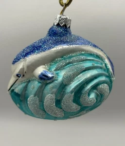 Dolphin On Wave Mouth Blown Hand Decorated Glass Ornament Ukraine COA 3.5”H - Picture 1 of 10