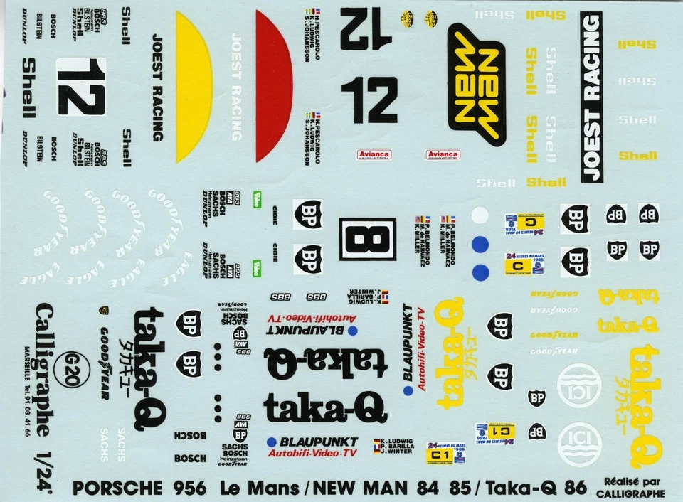PORCHE 956 N° 12 LE MANS NEW MAN  1984/85 -  TAKA-Q 1986  Starter DECALS 1/24 - Immagine 1 di 1
